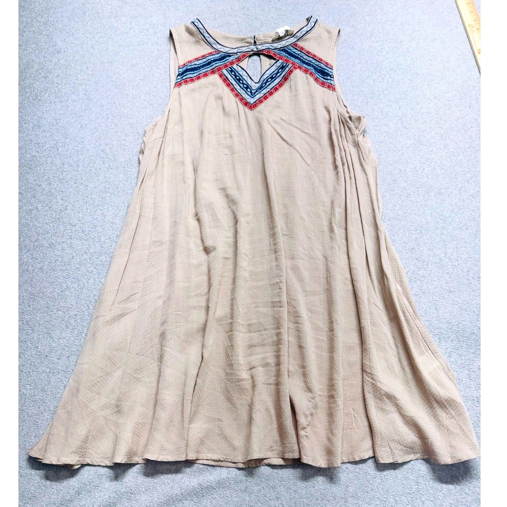 Umgee Womens L Beige Embroidered Boho Swing Dress Sleeveless Cotton Blend NWT